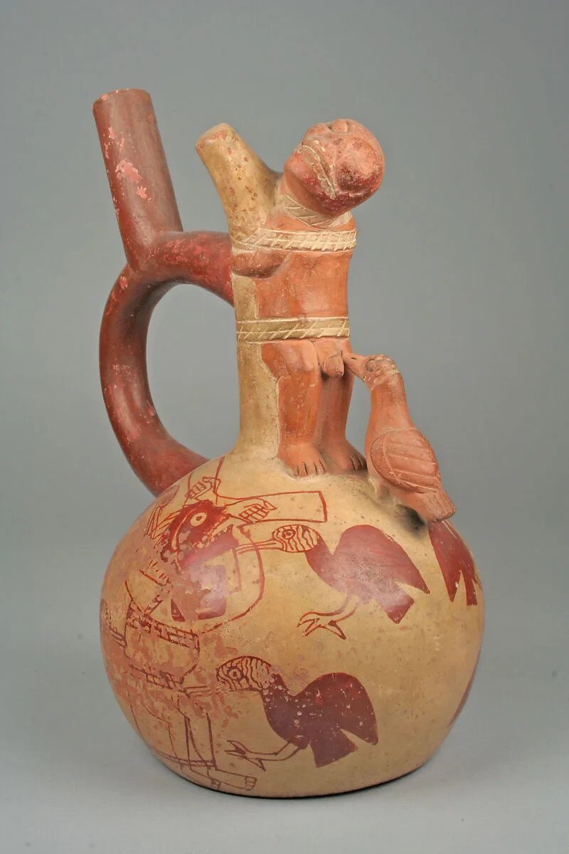 Stirrup Spout Bottle with Nude Man and Bird — Unknown