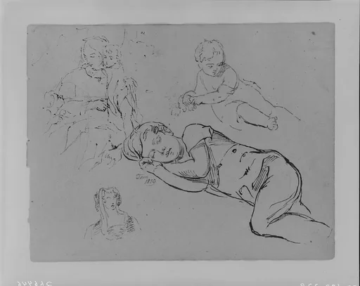 Portrait of Tom Sleeping, Woman Holding Two Children, Leaning Baby, Woman's Head (from Sketchbook)