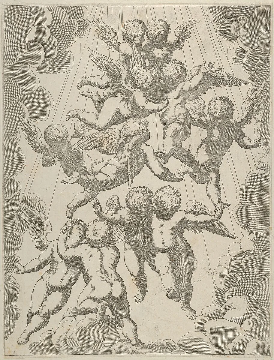 A group of angels embracing in flight, framed by clouds, after Reni — Guido Reni|Luca Cambiaso|Anonymous, 17th century