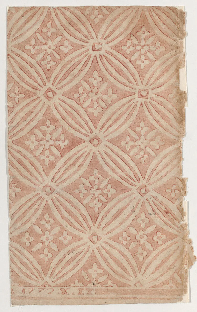 Sheet with overall red floral pattern — Anonymous