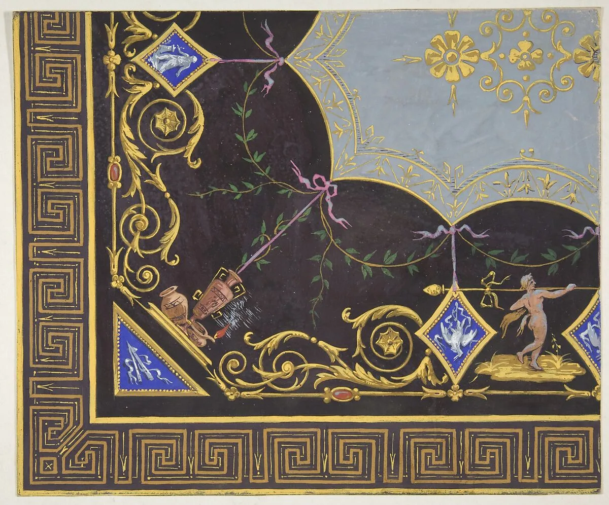 Design for wallpaper with Roman key border, rinceaux, and medallions — Jules-Edmond-Charles Lachaise|Eugène-Pierre Gourdet
