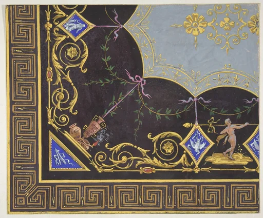 Design for wallpaper with Roman key border, rinceaux, and medallions