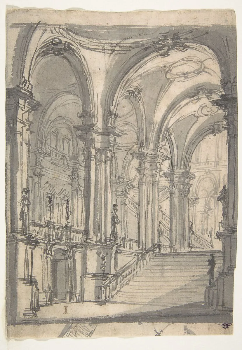 Design for a Stage Sets Groin-vaulted Stairway Leading to a Gallery with Another Stairway to a Second Story at Left (recto); Slight Sketch Traced Through form the Recto and Reworked (verso). — Giovanni Battista Natali III