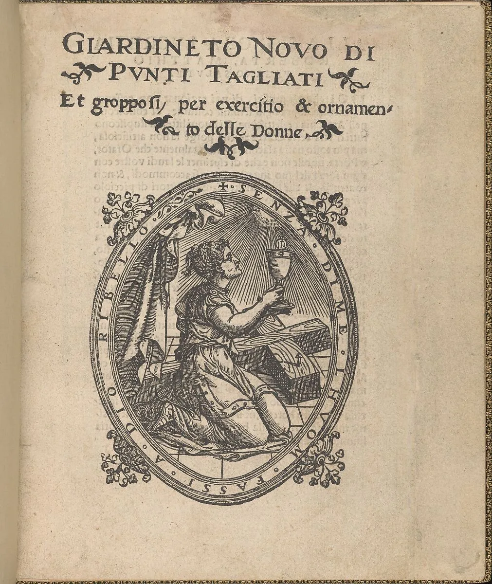 Giardineto novo di punti tagliati et gropposi per exercitio & ornamento delle donne (Venice 1554), title page (recto) — Lloyd, Wallis & Lloyd|Matteo Pagano
