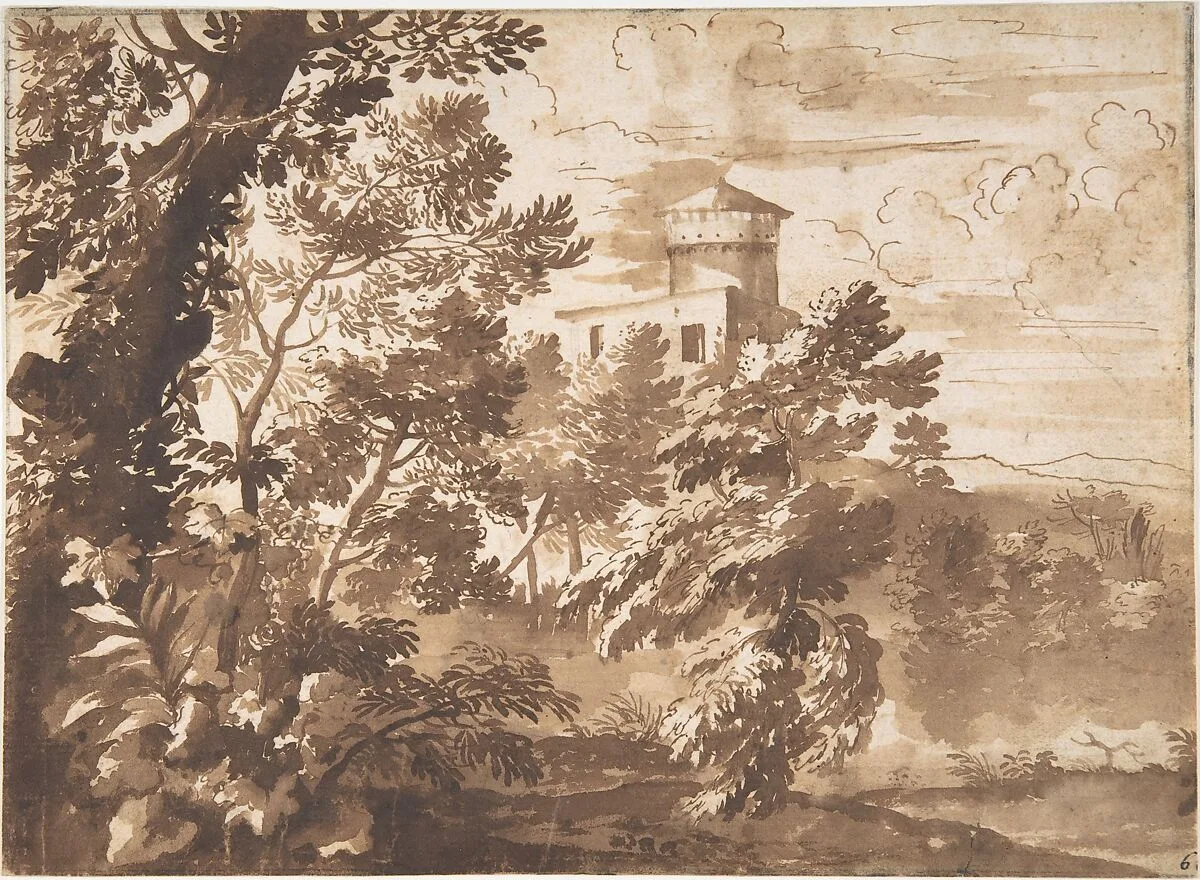 Wooded Landscape with a Tower — Anonymous, French, 17th century