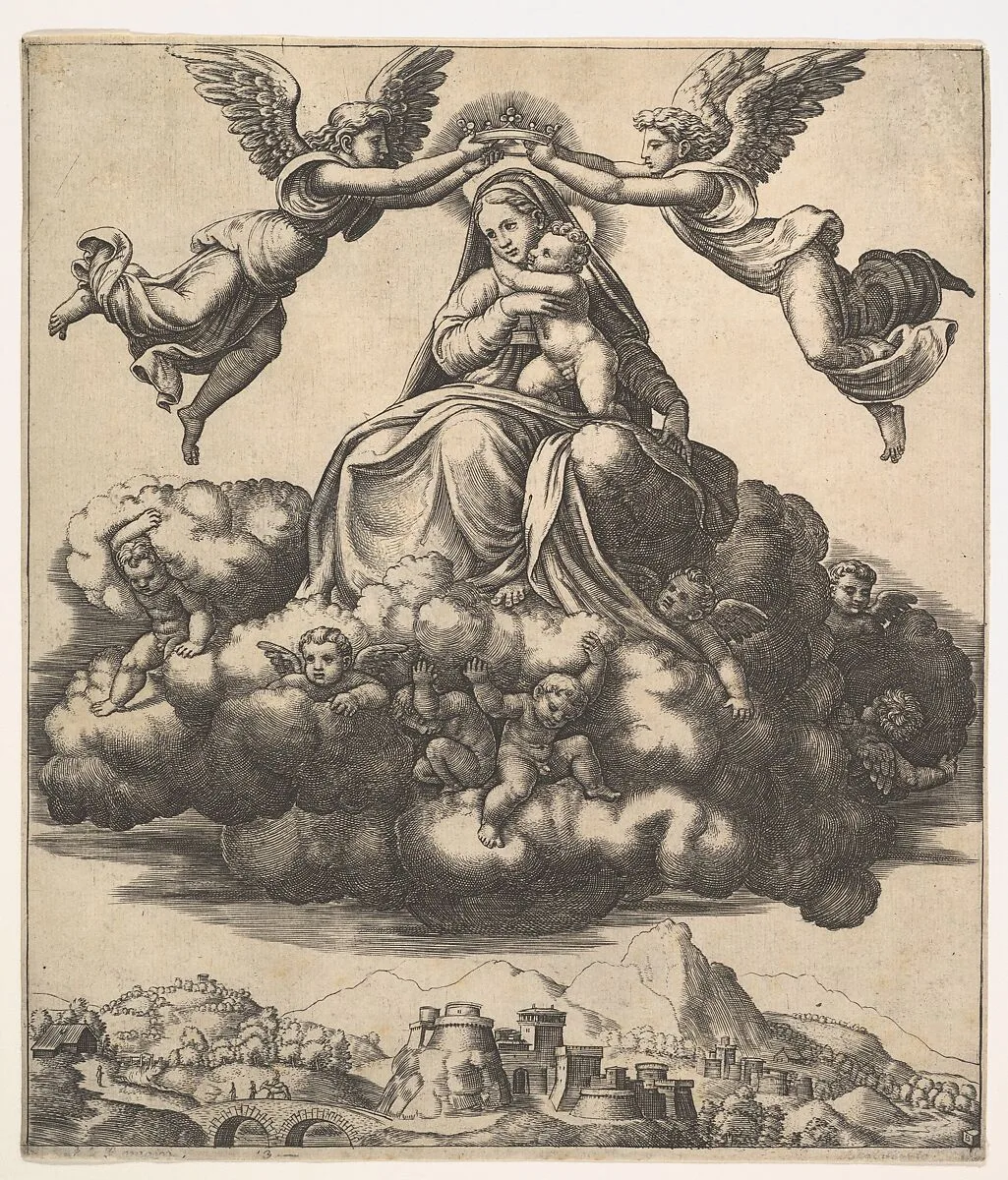 The Virgin seated on clouds being crowned by angels — Master of the Die|Raphael (Raffaello Sanzio or Santi)