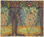 Repeating Pattern with Two Nude Females Dancing Between Fountains in the Shape of Two Horned and Bearded Heads — Anonymous, French, 20th century