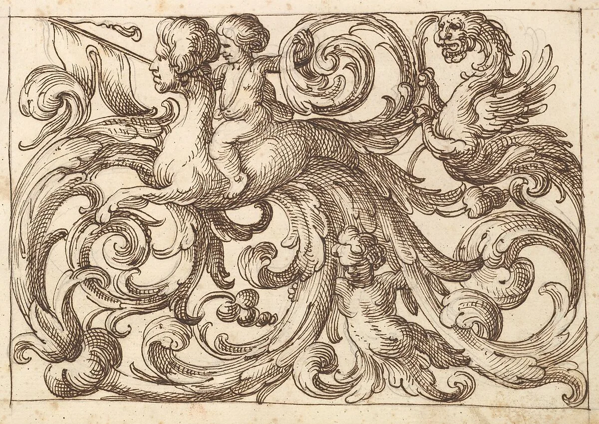 Horizontal Panel Design with a Sphinx, Two Putti and a Lionesque Fantastical Creature Interspersed Between Acanthus Rinceaux. — Polifilo Giancarli|Anonymous, Italian, Venetian, 17th century