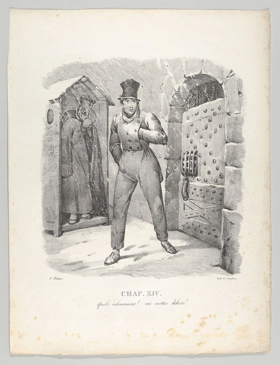 Chap. XIV: Quels inhumains! me mettre dehors! (How inhuman to put me out-of-doors!) — Victor Adam|Langlumé|Sazerac and Duval