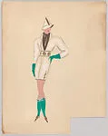 Drawing for a woman's theatrical costume in white with brown trimmings and green accessories — Vincente Minnelli