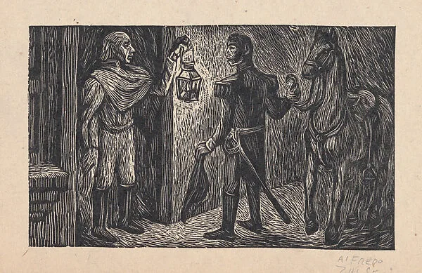 Miguel Hidalgo holding a lantern and speaking with a military official, illustration for 'Hidalgo' — Alfredo Zalce