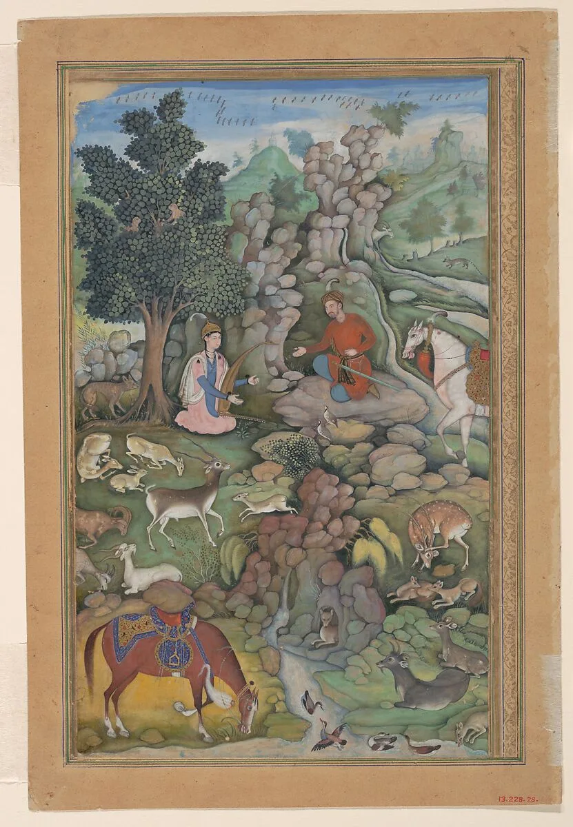 "Bahram Gur Sees a Herd of Deer Mesmerized by Dilaram' s Music", Folio from a Khamsa (Quintet) of Amir Khusrau Dihlavi — Miskin|Amir Khusrau Dihlavi