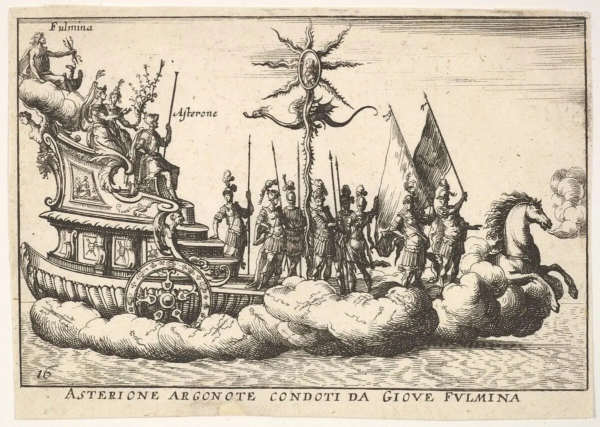 Plate 16: The Argonaut Asterion led by a young figure of lightning (Asterione argonote condoti da Giove fulmina), with two female figures seated between Asterion and the figure of lightning, and a horse enveloped in clouds at the ship's prow, from the series 'The magnificent pageant on the river Arno in Florence for the marriage of the Grand Duke' (Le Magnifique carousel fait sur le fleuve de l'Arne a Florence, pour le mariage du Grand Duc), for the wedding celebration of Cosimo de' Medici in Florence, 1608 — Giulio Parigi|Anonymous|Remigio Cantagallina|Jean Sauvé