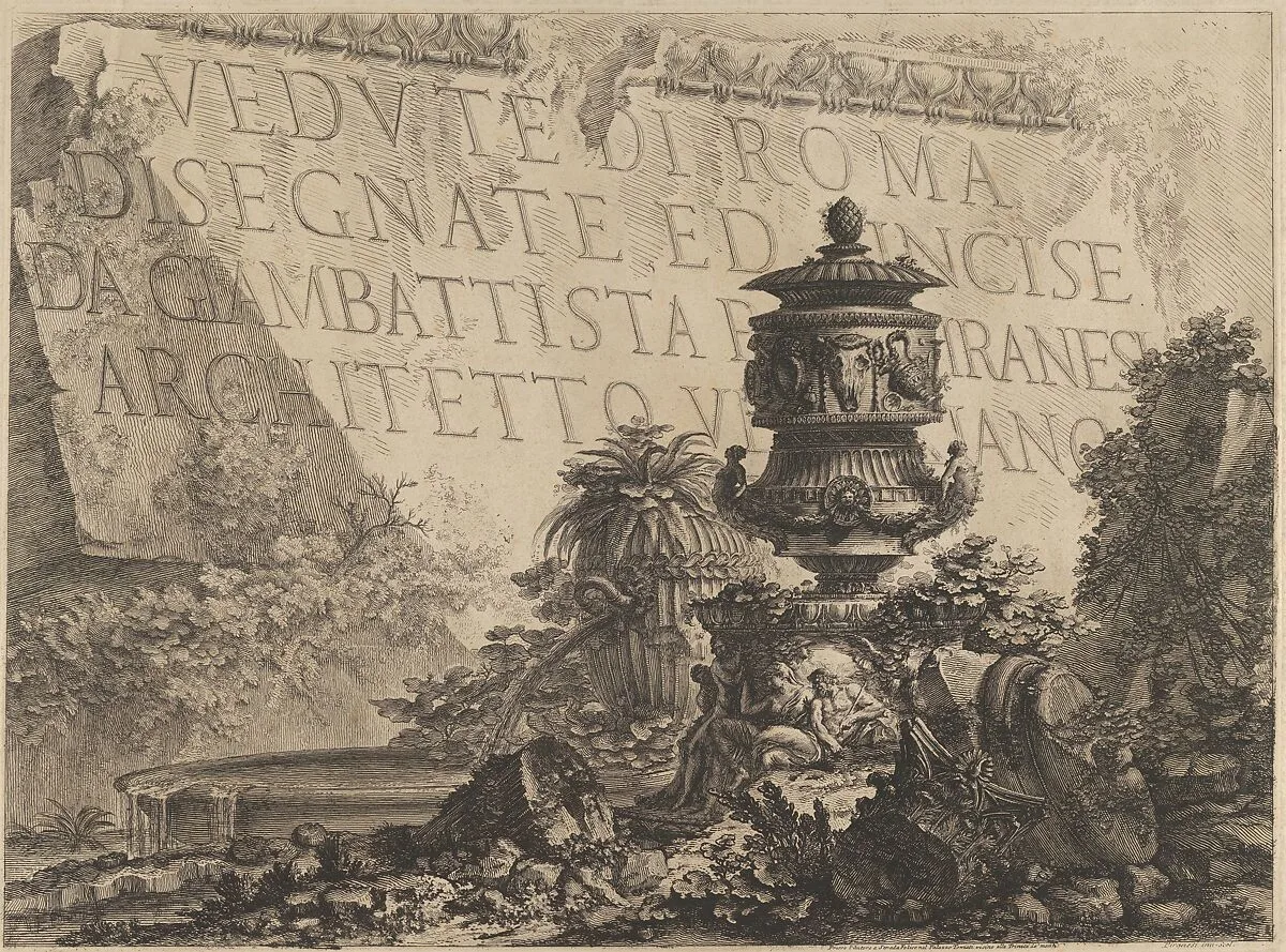 Title-page for the 'Vedute di Roma' comprising a stone in the background inscribed with the title, a classical vase and fragments of columns in the foreground — Giovanni Battista Piranesi