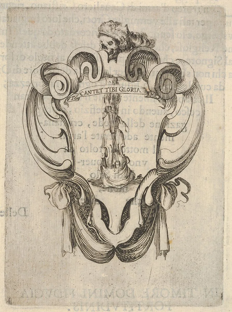 A cartouche with a violin coming out of its case, a skull with a helmet with feathers at top, from 'Eight Emblems for the Funeral of Francesco de Medici' (Huit emblèmes pour les funérailles du prince François de Médicis) — Stefano della Bella