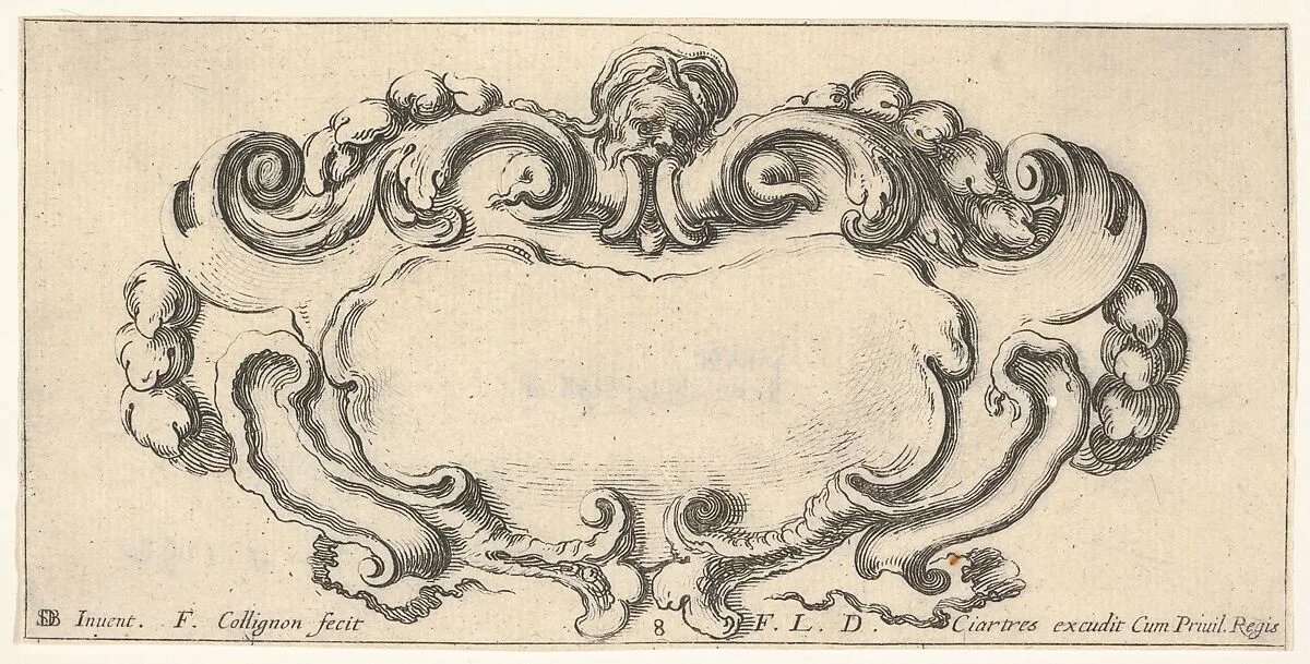 Plate 8: a cartouche with the head of an old man at top center, scrollwork to either side, from 'Twelve cartouches' (Recueil de douze cartouches) — François Langlois|Stefano della Bella|François Collignon
