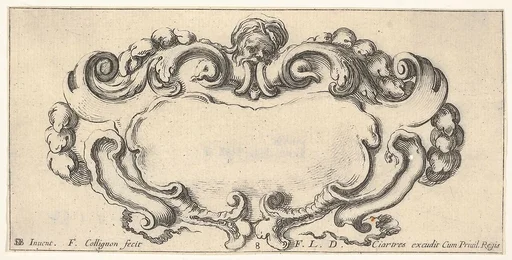Plate 8: a cartouche with the head of an old man at top center, scrollwork to either side, from 'Twelve cartouches' (Recueil de douze cartouches)