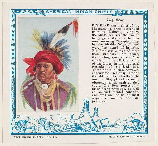 Big Bear, No. 18, collector card from the American Indian Series (D6), issued by the Kelley Baking Company to promote Kelley's Bread — Kelley Baking Company