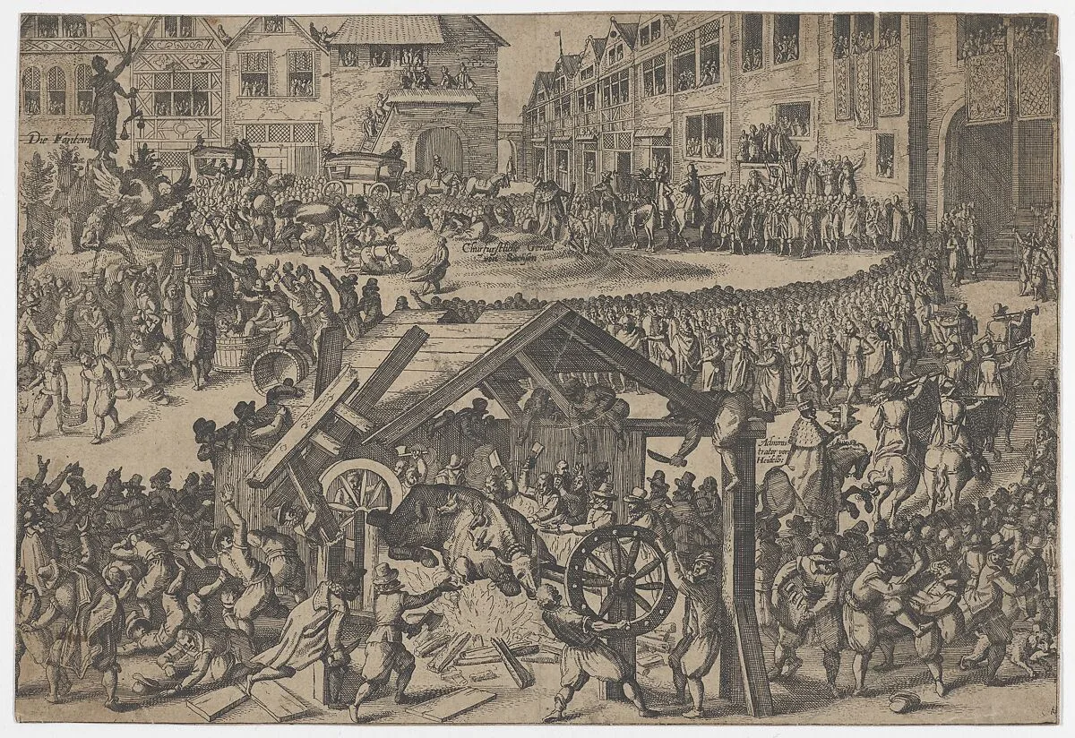 People celebrating at the coronation of Ferdinand II in Frankfurt — Anonymous, German, 16th century