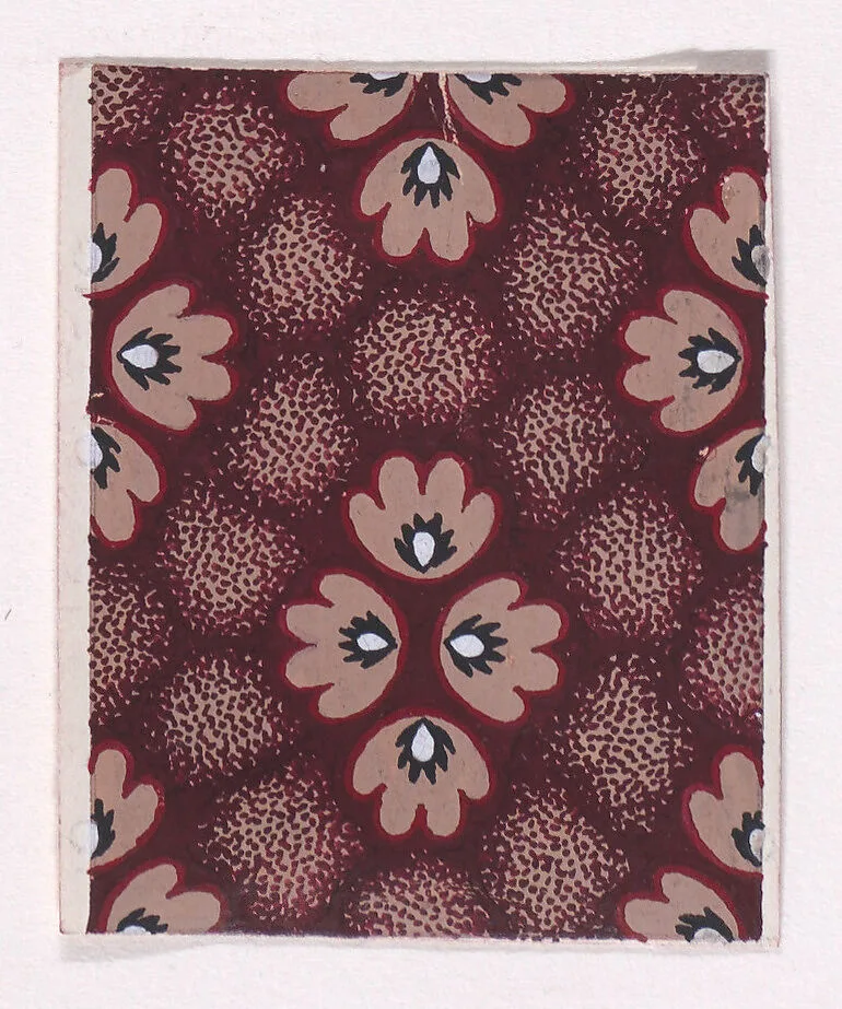Textile Design with Rosettes with Pearls as Pistils Grouped Together to Form Stylized Flowers over an Abstract Honeycomb Pattern in the Background — Anonymous, Alsatian, 19th century
