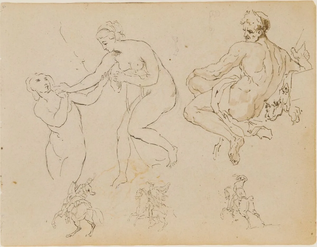 Two Female Nudes; Seated Male Nude (after Michelangelo?); Three Equestrian Figures (from Sketchbook) — Thomas Sully