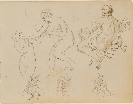 Two Female Nudes; Seated Male Nude (after Michelangelo?); Three Equestrian Figures (from Sketchbook)