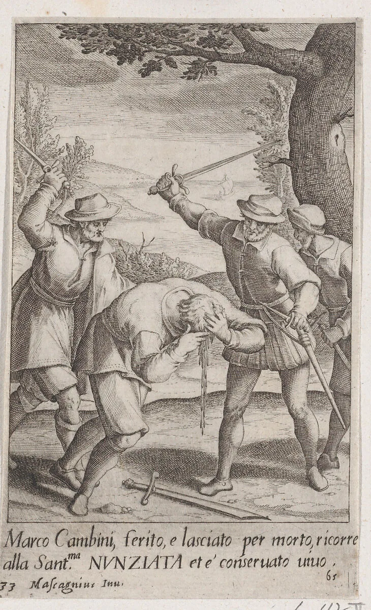 Marco Cambini, from Scelta d'Alcuni Miracoli e Grazie della Santissima Nunziata di Firenze (Selection of Some Miracles and Graces that Occurred in the Church of the Annunziata in Florence) — Jacques Callot|Donato Mascagni