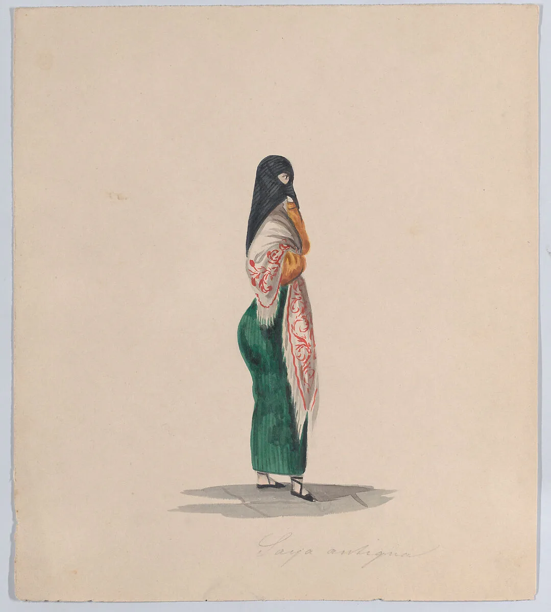 A woman wearing the saya standing in profile, from a group of drawings depicting Peruvian dress — Francisco (Pancho) Fierro