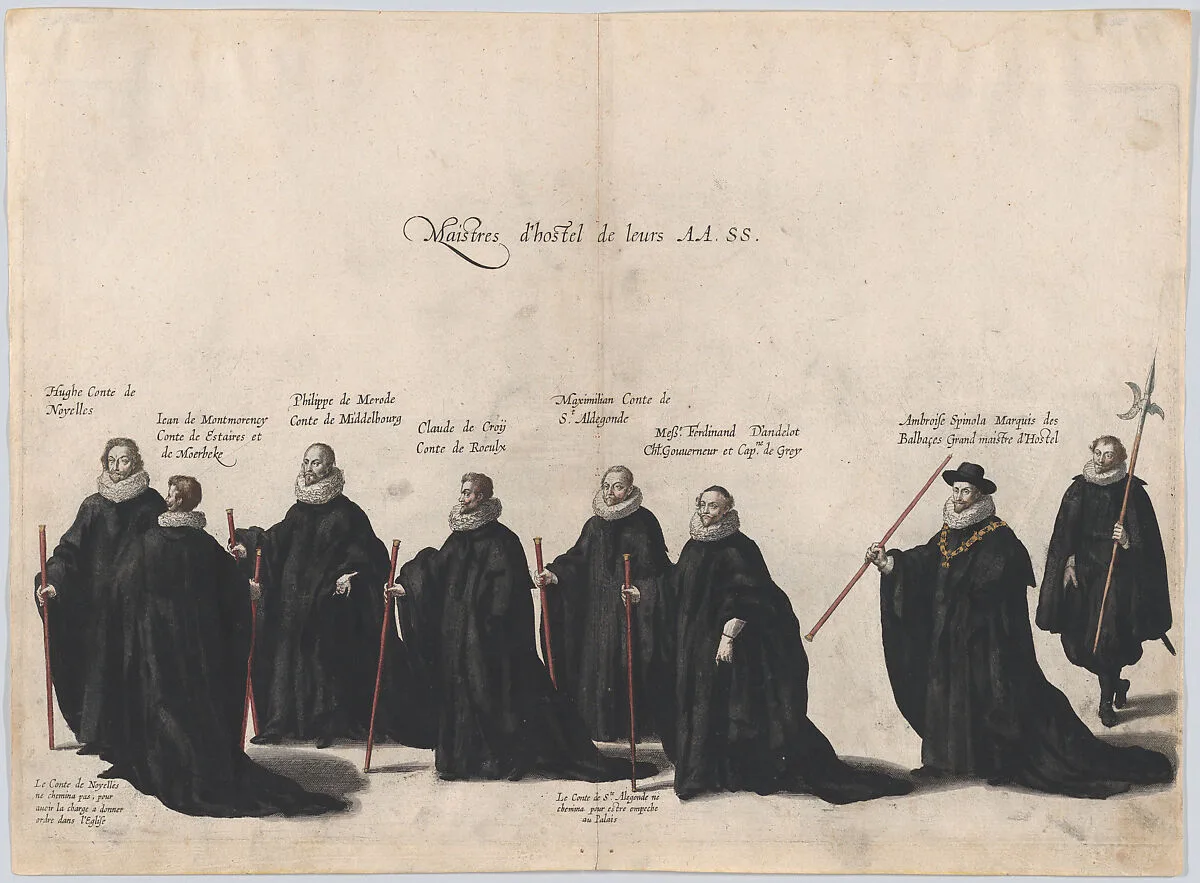 Plate 53: Eight figures marching in the funeral procession of Archduke Albert of Austria; from 'Pompa Funebris ... Alberti Pii' — Jacques Francquart|Cornelis Galle I