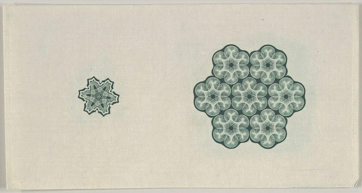 Banknote motif: two six-lobed lathe work ornaments — A. B. & C. Durand & Company|Durand, Perkins, and Company|Cyrus Durand