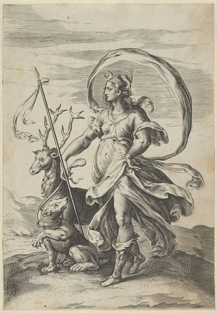 Diana holding a spear with a stag at right and holding a bear on a leash — Cherubino Alberti (Zaccaria Mattia)