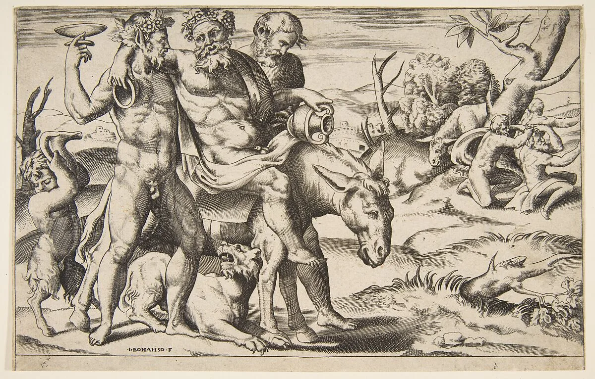 A drunken Silenus riding an ass being supported by satyrs — Giulio Bonasone