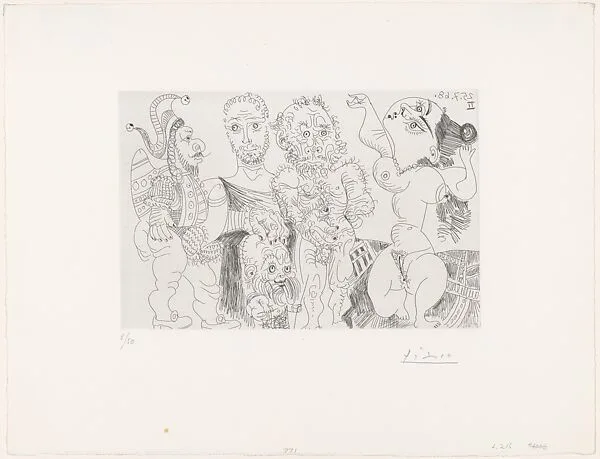 A Buffoon and Dwarf, Roman and Old Man before a Dancing Odalisque, from 347 Suite — Pablo Picasso|Aldo and Piero Crommelynck|Galerie Louise Leiris