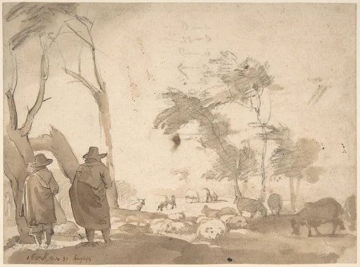 Landscape with Sheep and Two Figures (recto); Faint Sketch of a Figure with a Hat (verso)
