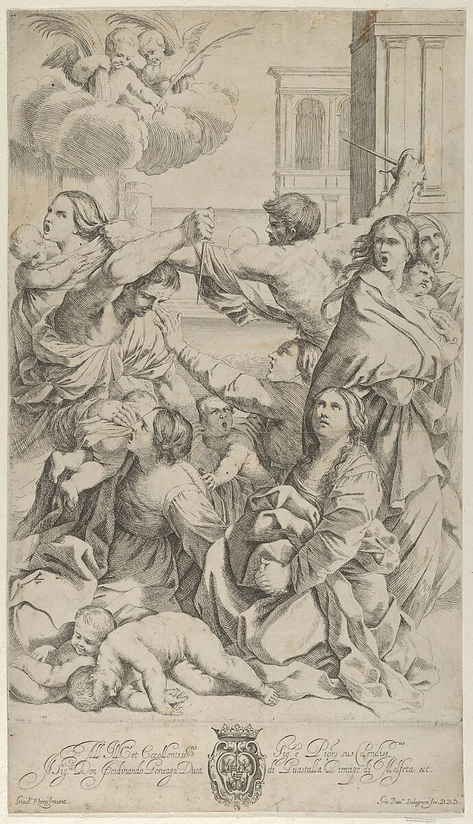 Massacre of the Innocents; group of women and children being attacked, two angels at upper left, after Reni — Guido Reni|Gian Battista Bolognini