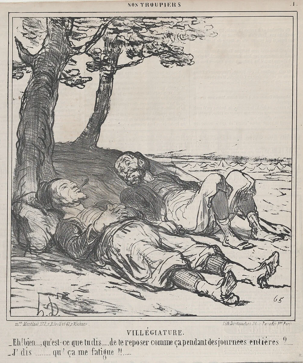 Villégiature, from Nos Troupiers, published in Le Charivari, July 26, 1859 — Honoré Daumier|Aaron Martinet|Destouches