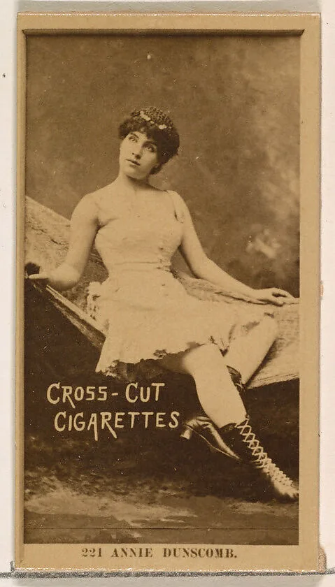 Card Number 221, Annie Dunscomb, from the Actors and Actresses series (N145-2) issued by Duke Sons & Co. to promote Cross Cut Cigarettes — W. Duke, Sons & Co.