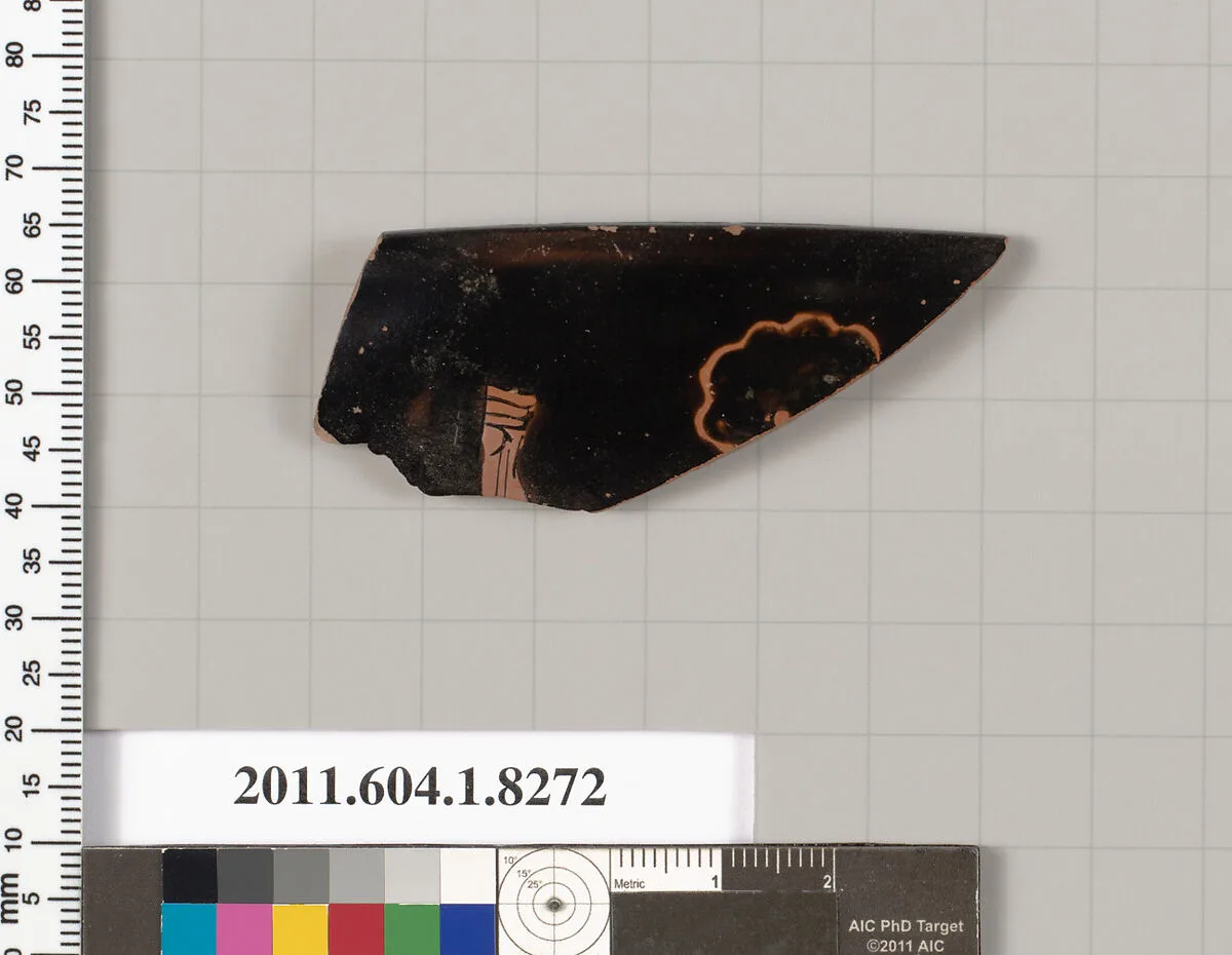 Terracotta rim fragment of a kylix (drinking cup) — Painter of London E 106