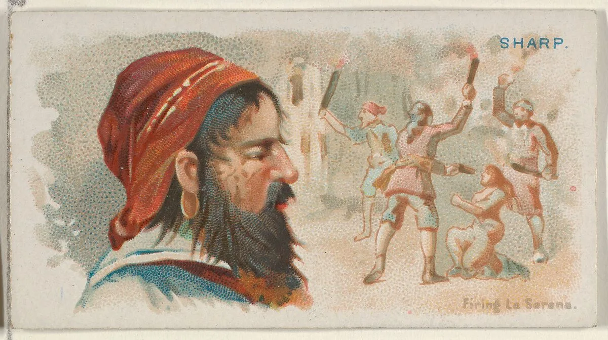 Bartholomew Sharp, Firing La Serena, from the Pirates of the Spanish Main series (N19) for Allen & Ginter Cigarettes — George S. Harris & Sons|Allen & Ginter