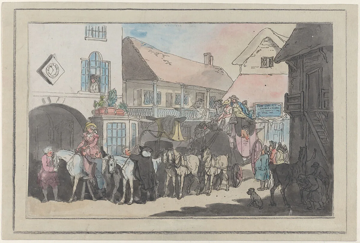 Stage Coach and Riders in the Yard of an Inn, Preparing to Depart — Thomas Rowlandson