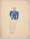 Drawing for a man's theatrical costume with blue jacket and 'Panama' hat — Vincente Minnelli