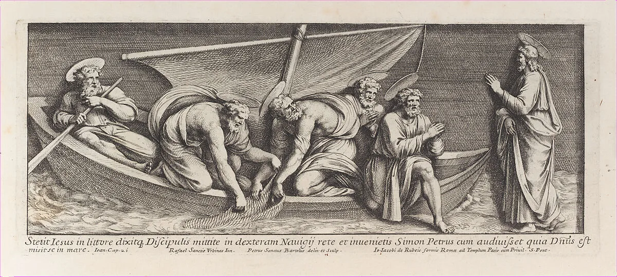 Christ speaking with Saint Peter, who kneels before him in adoration and with his hands joined in prayer, while the Apostles draw up their nets behind him, after Raphael's Stanza dell'incendio del Borgo, from a series of 15 plates, depicting Raphael's works for the Vatican stanze and the Sistine Chapel tapestries — Pietro Santi Bartoli|Raphael (Raffaello Sanzio or Santi)|Giovanni Giacomo De Rossi