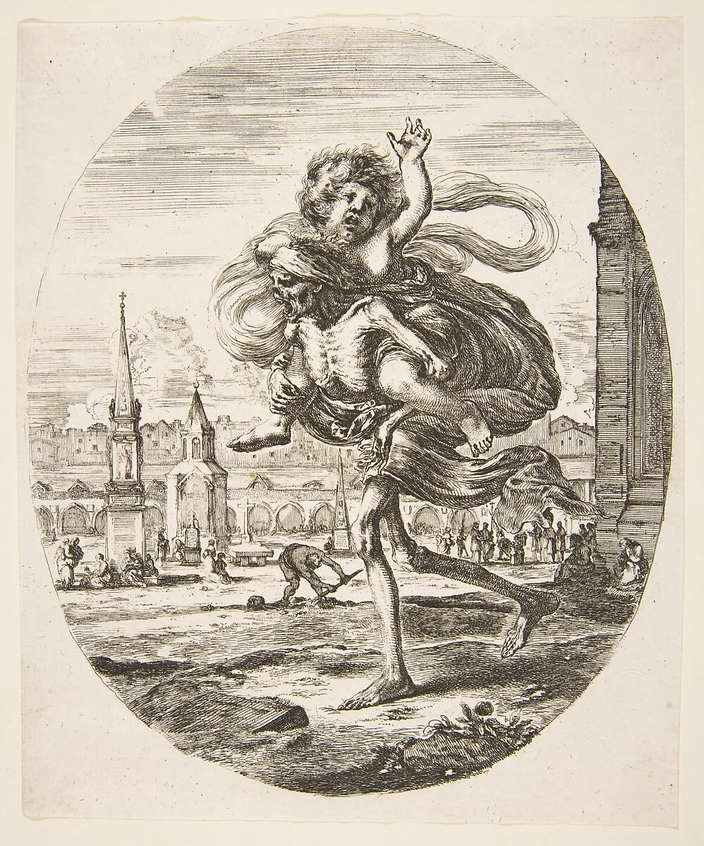 Death carrying a child, from 'The five deaths' (Les cinq Morts) — Stefano della Bella