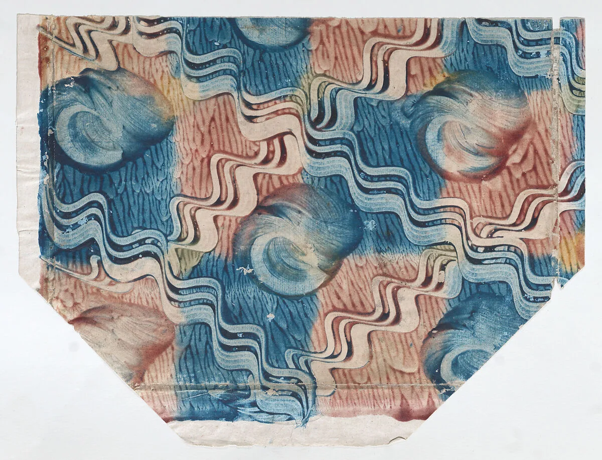 Blue and pink paste paper with circle and wavy line pattern — Anonymous
