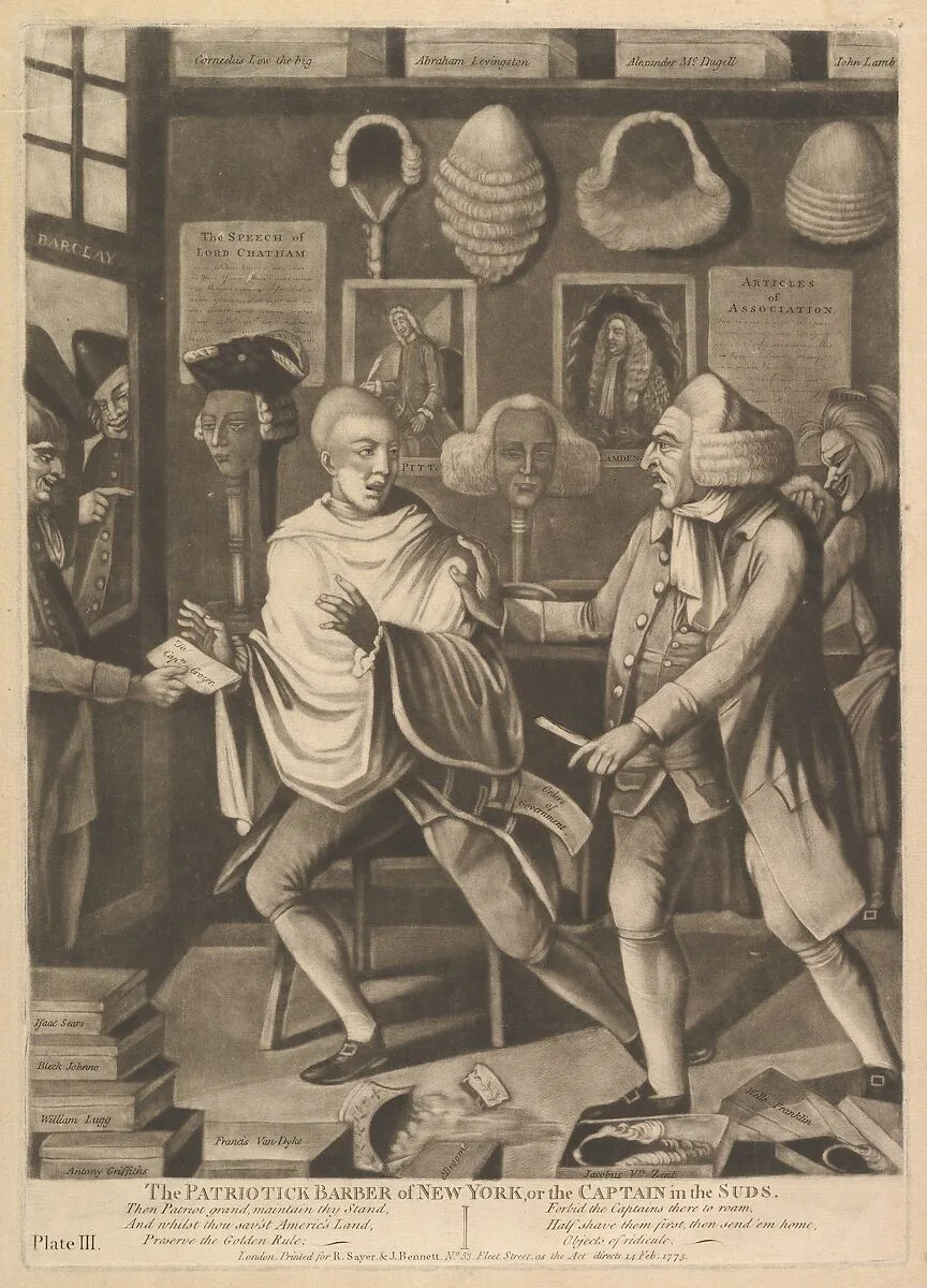 The Patriotick Barber of New York, or the Captain in Suds — R. Sayer and J. Bennett|Philip Dawe