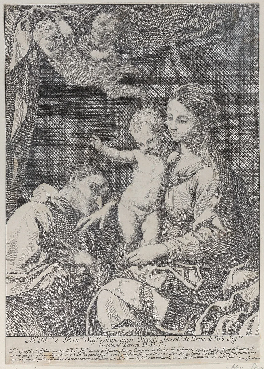 The Virgin and Child adored by Saint Carlo Borromeo, who kisses her hand — Simone Cantarini|Hieronymus Ferroni