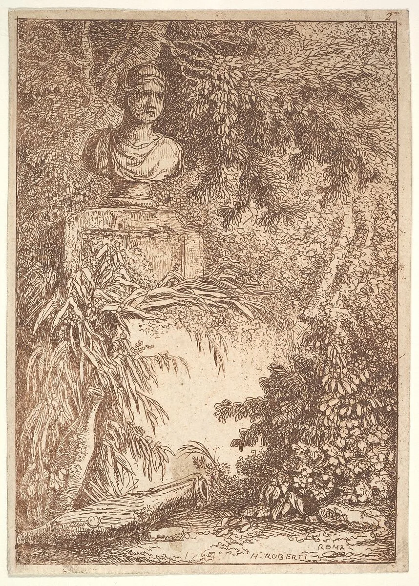 Plate 2: The Bust: a bust of a female wearing a diadem at top left, two amphoras at bottom left, surrounded by trees and greenery, from "Les soirées de Rome" — Hubert Robert