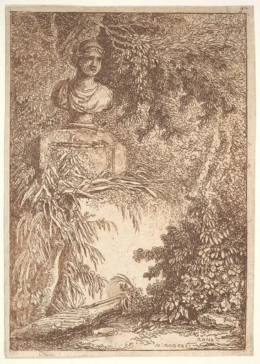 Plate 2: The Bust: a bust of a female wearing a diadem at top left, two amphoras at bottom left, surrounded by trees and greenery, from "Les soirées de Rome"