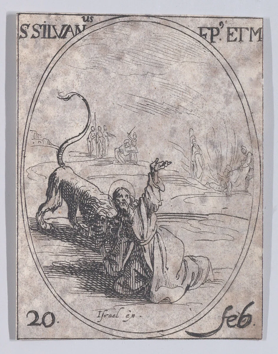 S. Silvain, évêque et martyr (St. Sylvanus, Bishop and Martyr), February 20th, from "Les Images De Tous Les Saincts et Saintes de L'Année" (Images of All of the Saints and Religious Events of the Year) — Jacques Callot|Israël Henriet