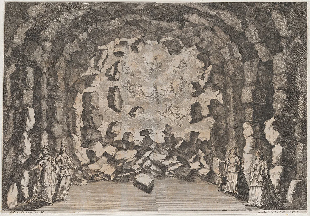 A grotto with collapsing rocks, opening to a sky full of the enthroned gods of Olympus, including Jupiter, Apollo, Mars, Venus, and Mercury; set design from 'La Monarchia Latina Trionfante' — Ludovico Ottaviano Burnacini|Mathäus Küsel